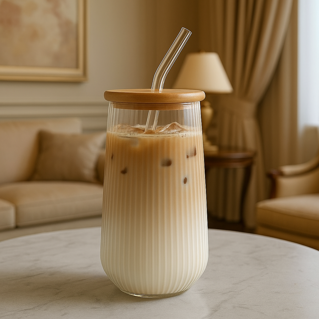 Ribbed Glass Cup with Wooden Lid & Glass Straw