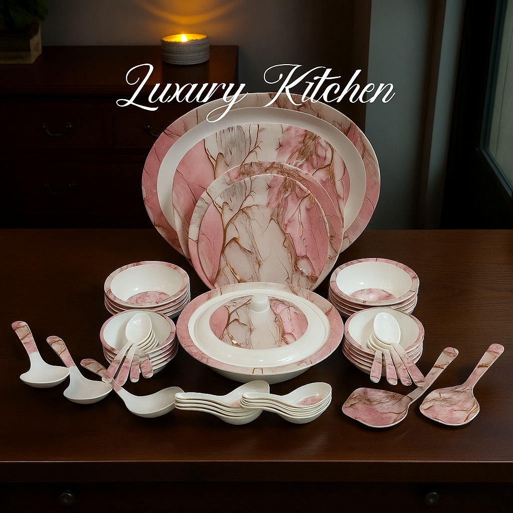 Elegant 68 PCS Dinner Set - Pink Marble & Golden Pattern