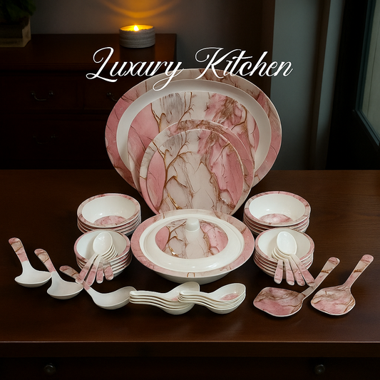 Elegant 68 PCS Dinner Set - Pink Marble & Golden Pattern