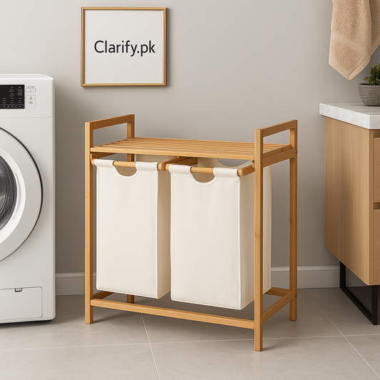 Dual Compartment Bamboo Laundry Basket with Fabric Bags