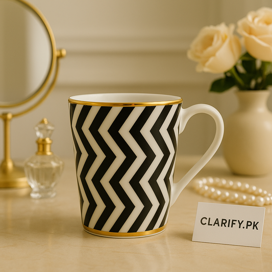 Luxury Chevron Ceramic Coffee Mug – Gold Rim Black & White