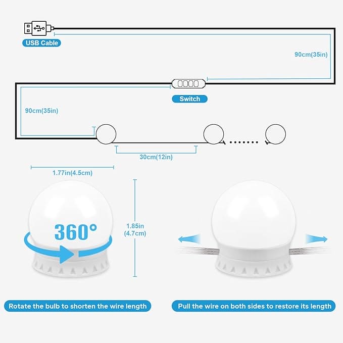 Diagram showing 10 bulb vanity light set USB cable, switch, and bulb dimensions with adjustable wire length