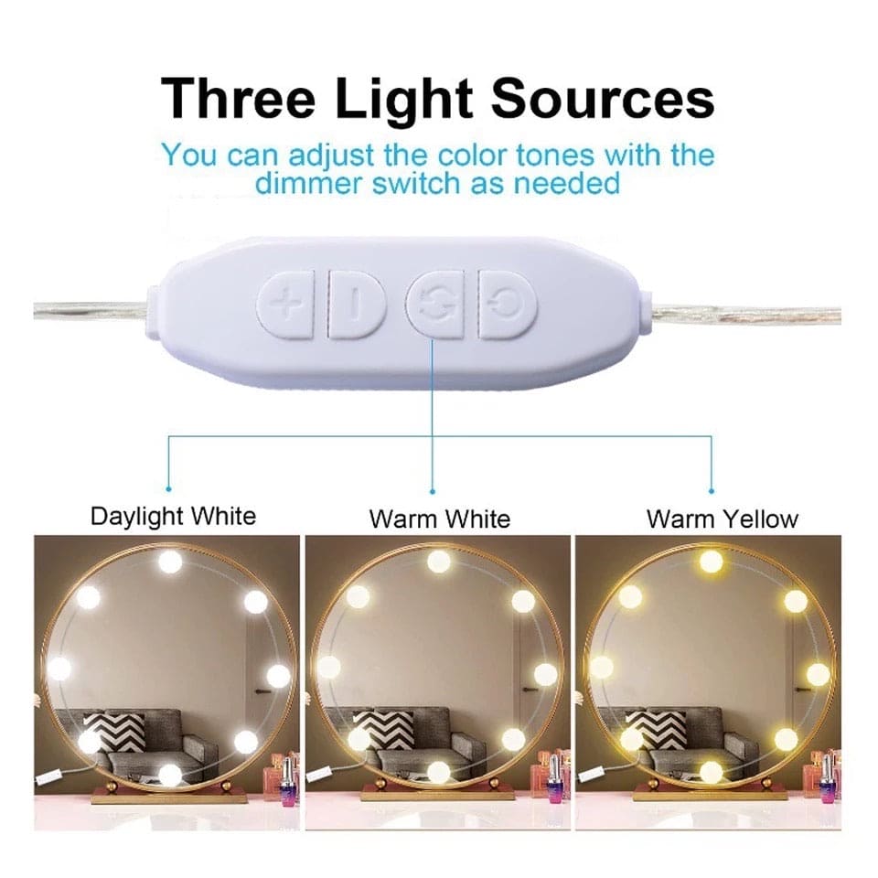 10 bulb vanity light set showing three light sources with adjustable daylight white warm white and warm yellow tones