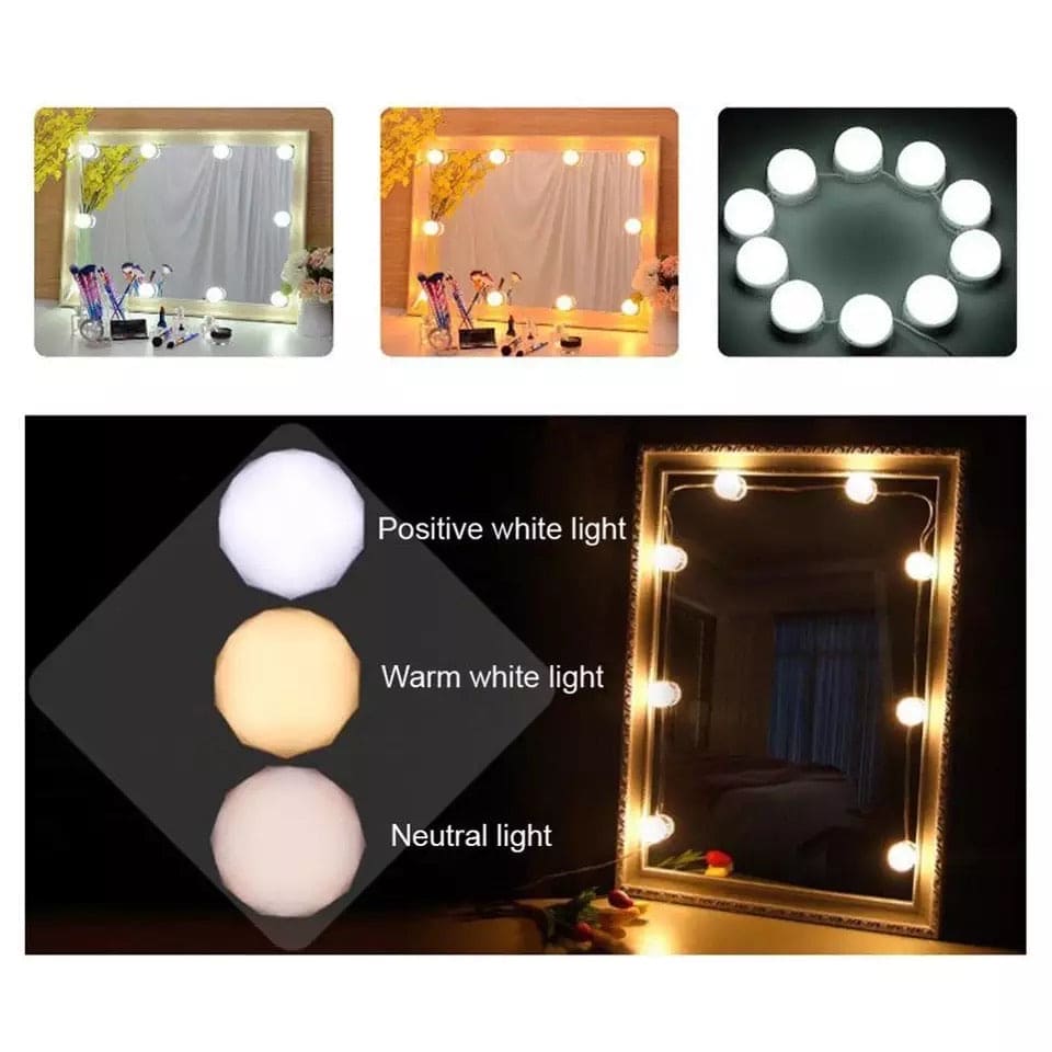 Clarify.pk 10 bulb vanity light set showing positive white, warm white, and neutral light options around a mirror