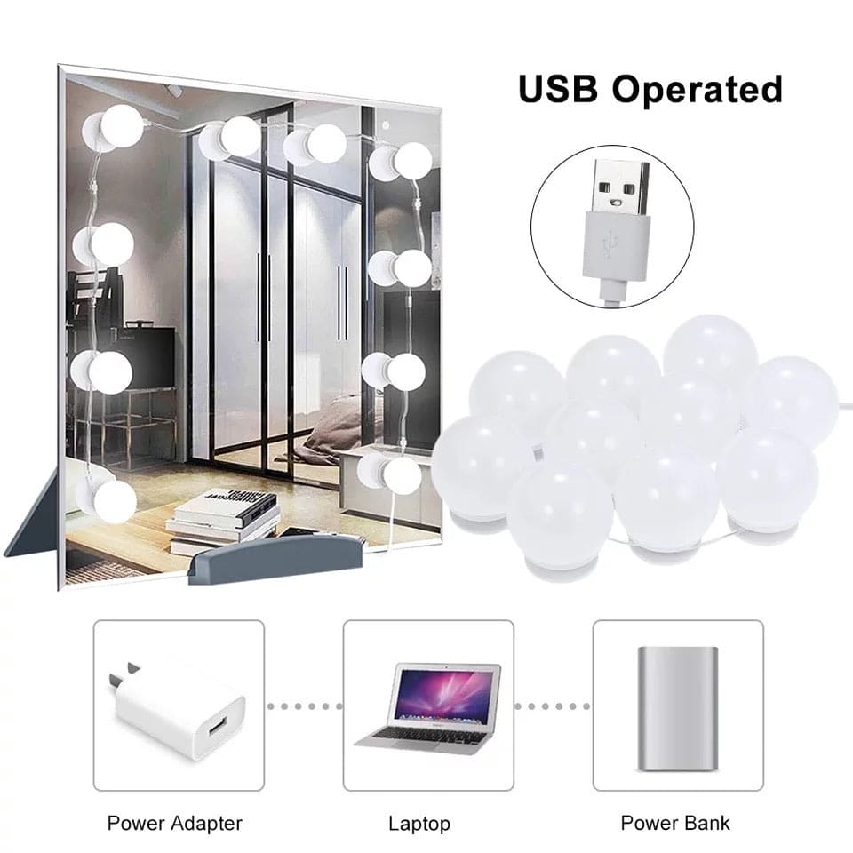 10 bulb vanity light set with USB operation, includes power adapter, fits laptops and power banks