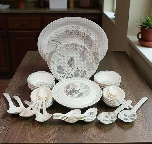 Modern 68 PCS Dinner Set - White Embossed Leaf Pattern