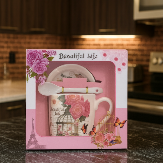 Beautiful Life 3-Piece Ceramic Gift Set – Cup, Saucer & Spoon