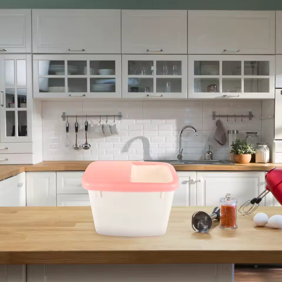 10kg rice storage container with pink lid placed on kitchen countertop by Clarify.pk