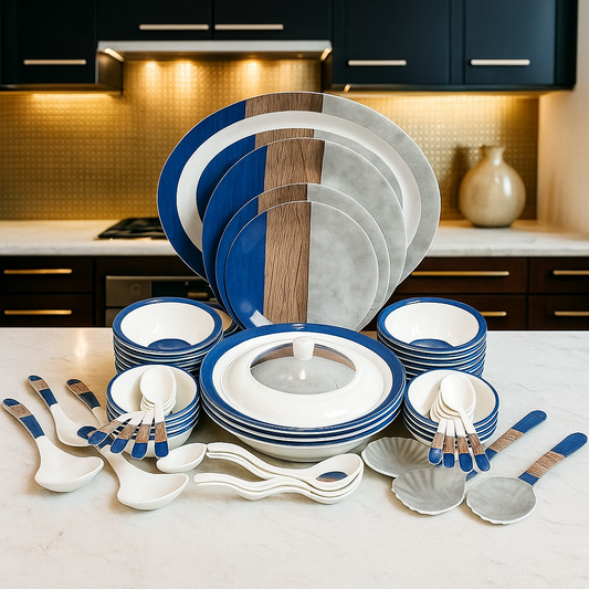 Premium 68 PCS Melamine Dinner Set - Blue & Wood Design