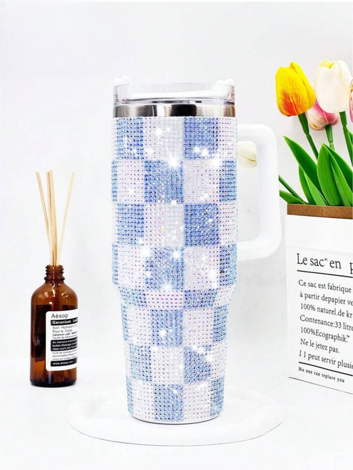 1200ml Rhinestone Tumbler with sparkling checkerboard design and white handle by Clarify.pk