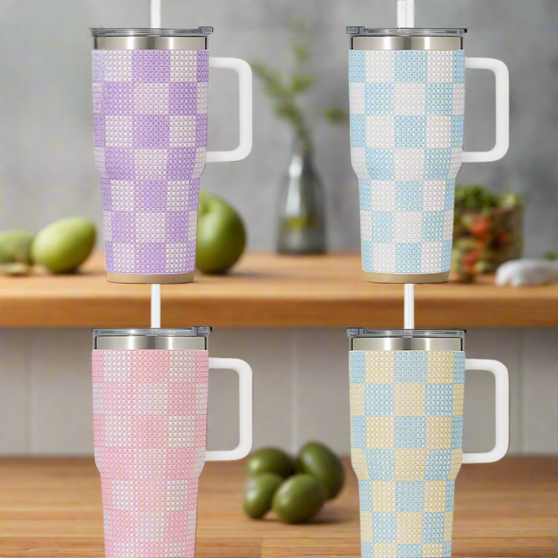 Set of 1200ml Rhinestone Tumbler in purple blue pink and yellow checkered design with white handles