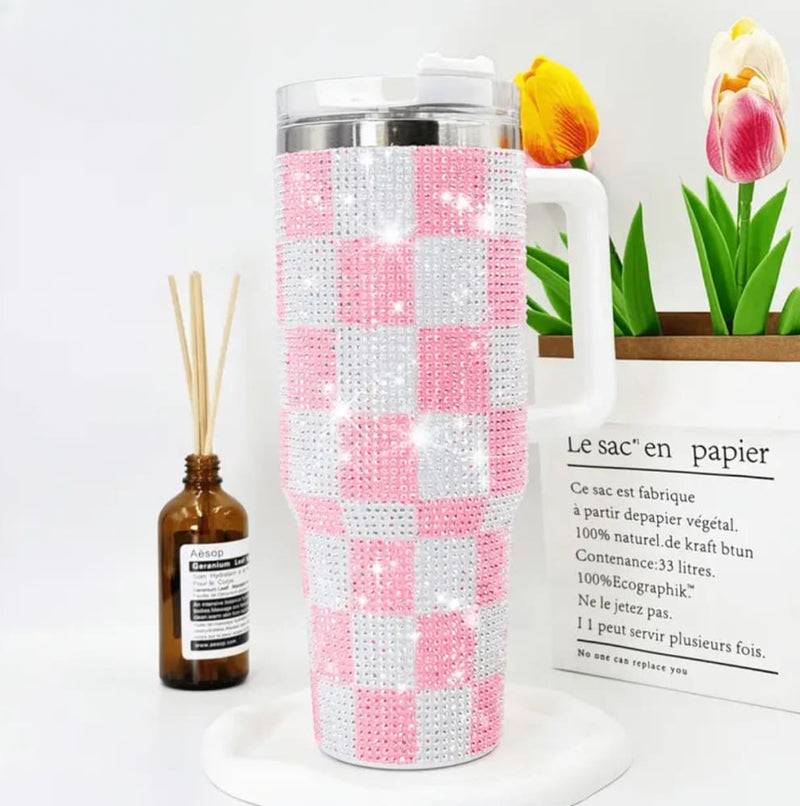 1200ml Rhinestone Tumbler with pink and white checkered design and handle on white background