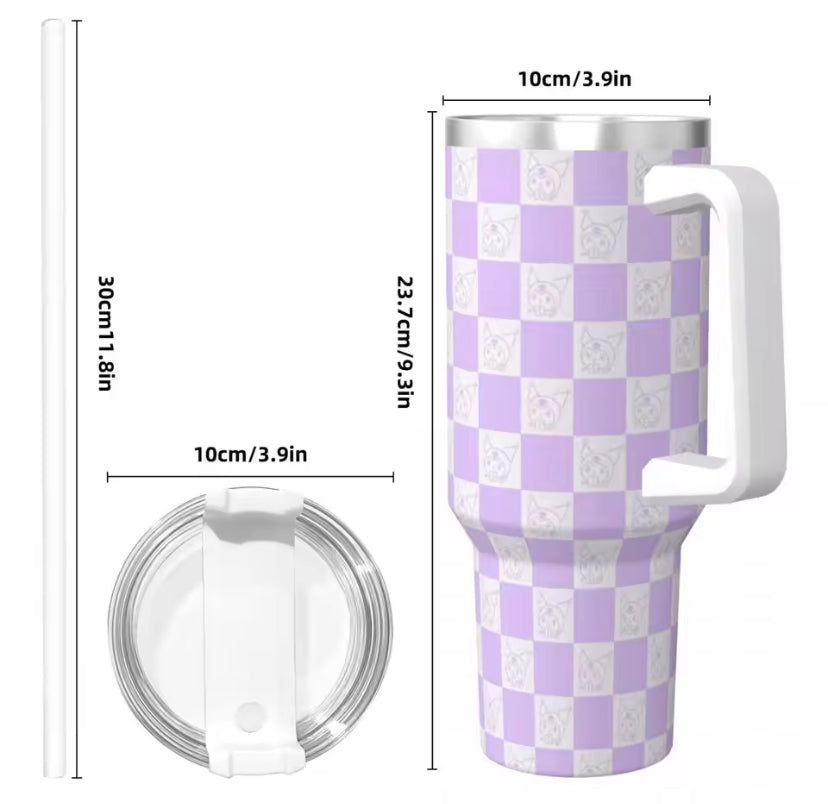 1200ml Rhinestone Tumbler in purple and white checkered pattern with handle, lid, and straw