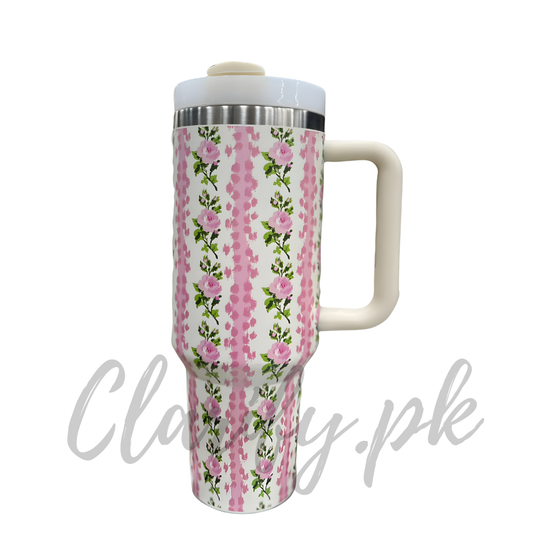 Premium Pink Stripes & Roses 40oz Tumbler With Handle – 1200ml