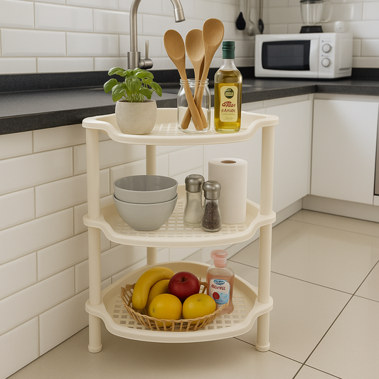 3 Layer Triangular Plastic Corner Shelf – 40×30cm Storage Rack