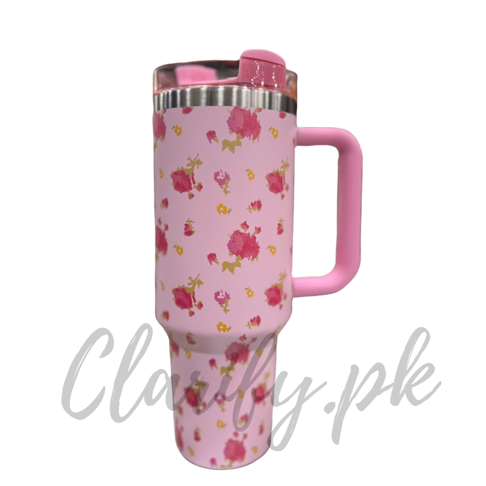 Premium Pink Floral 40oz Tumbler With Handle – 1200ml
