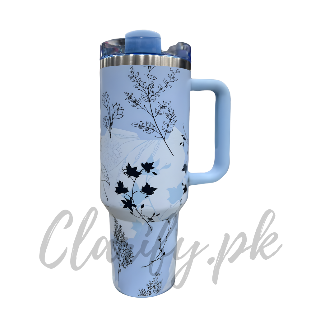Premium Blue Leaf Sketch 40oz Tumbler With Handle – 1200ml