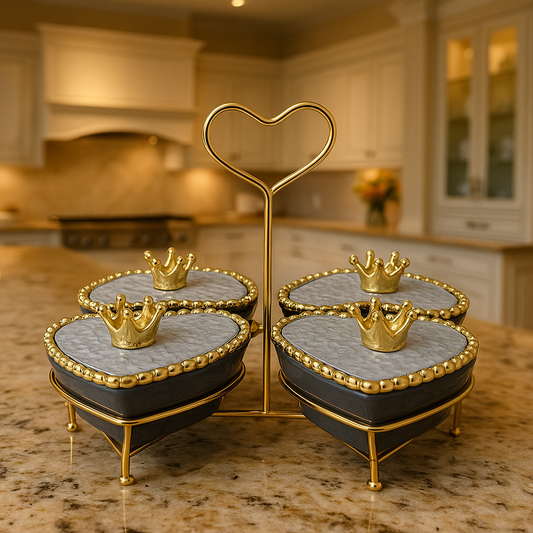 Luxury 4 Pcs Ceramic Bowl Set – Golden Stand & Crown Lids