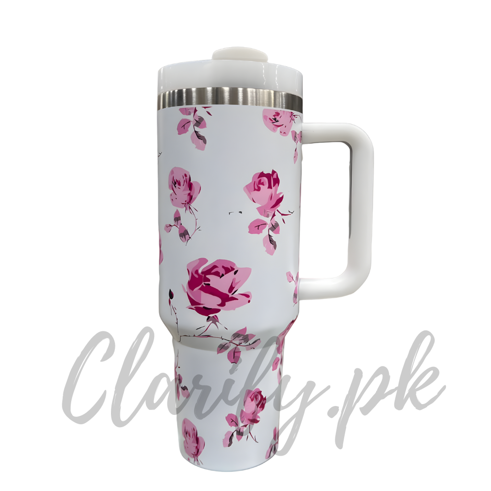 Premium White Pink Rose 40oz Tumbler With Handle – 1200ml