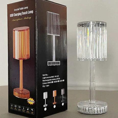 Clear 16 colors diamond lamp with USB charging and touch control displayed next to its black packaging box