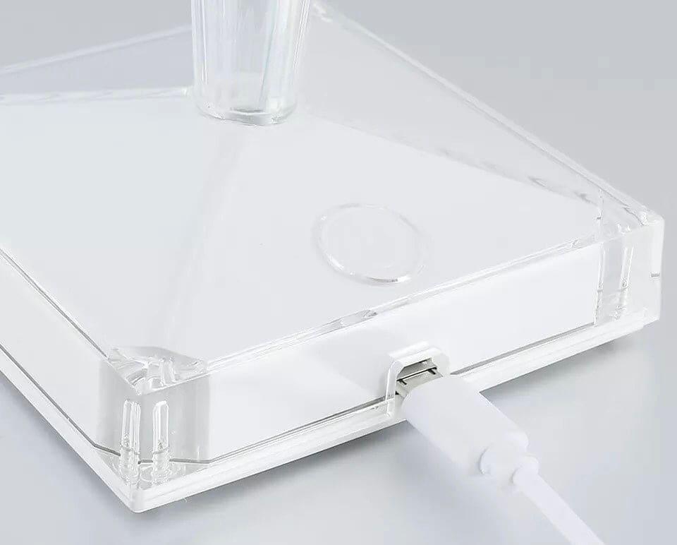 Close-up of charging port and clear base of 16 colors diamond lamp by Clarify.pk