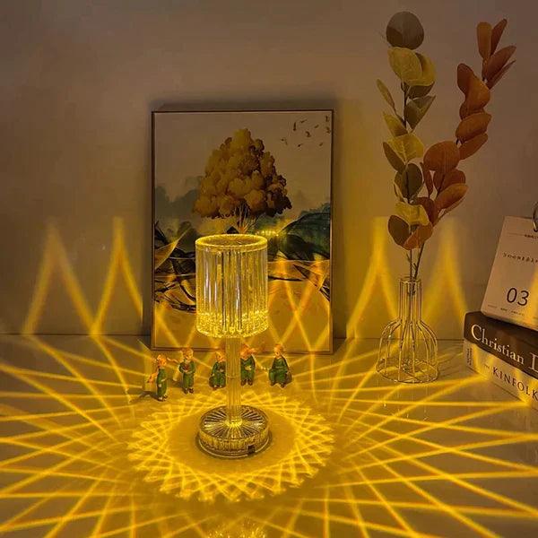 16 colors diamond lamp casting intricate yellow geometric light patterns on table with decorative items