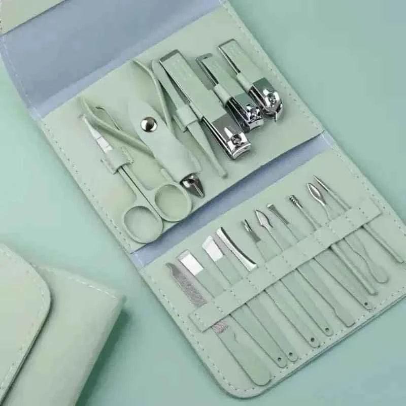 16-piece manicure pedicure set with nail clippers scissors and grooming tools in a white case