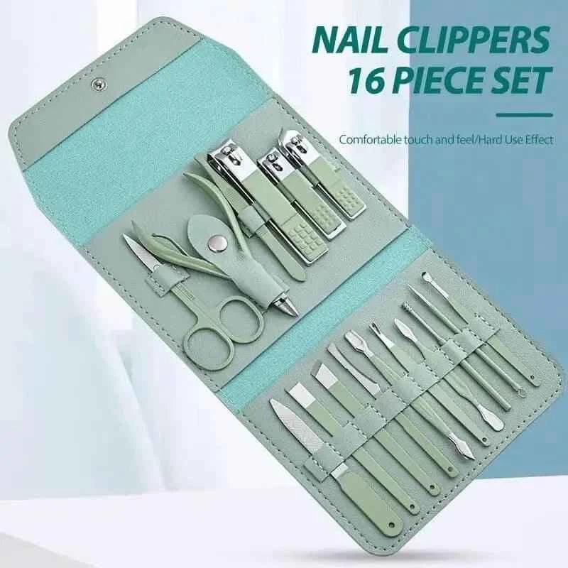 16-piece manicure pedicure set in mint green case with nail clippers, scissors, and grooming tools