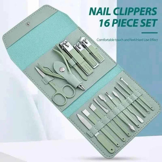 16-piece manicure pedicure set in mint green case with nail clippers, scissors, and grooming tools