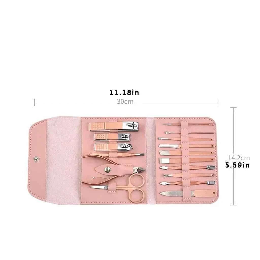 16-piece manicure pedicure set in pink leather case with nail clippers scissors and grooming tools
