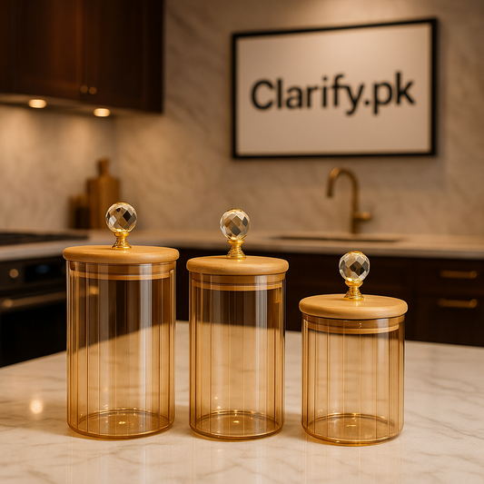 Golden Storage Jar with Wooden Lid & Crystal Knob