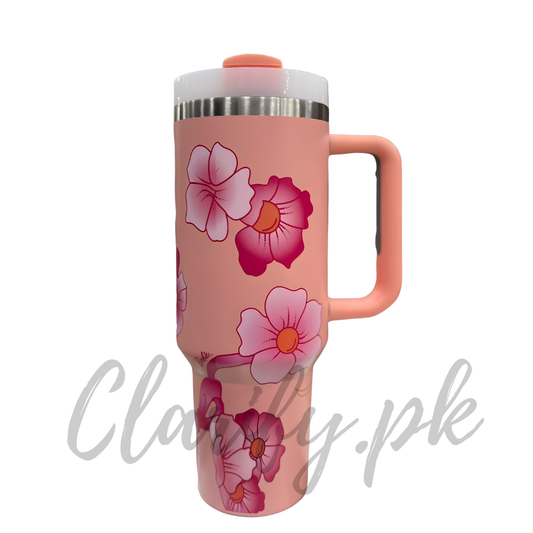 Premium Peach Hibiscus Floral 40oz Tumbler With Handle – 1200ml