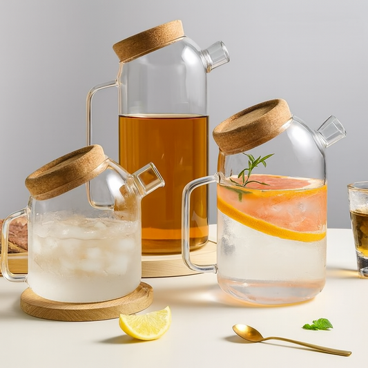 Set of 3 Glass Jugs with Wooden Lids – Elegant Drink Pitcher Set