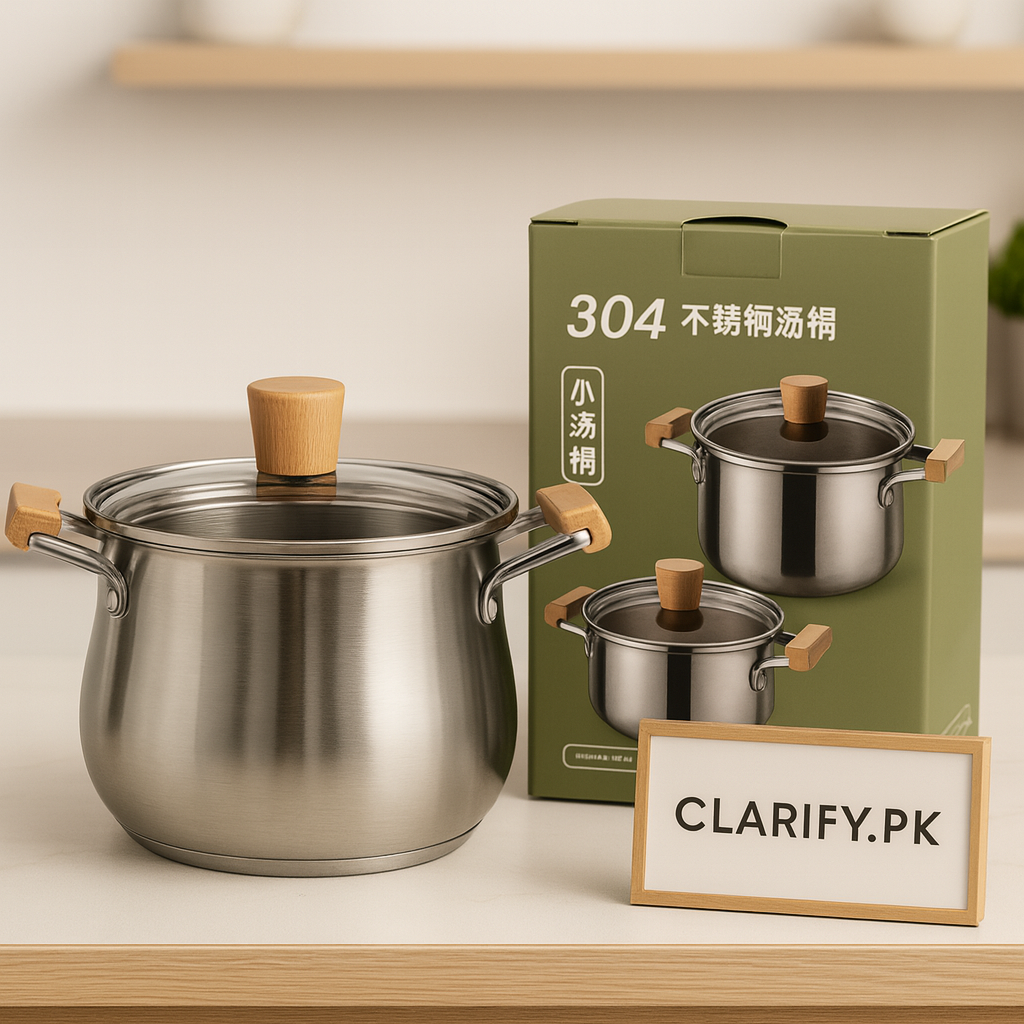 Elegant Stainless Steel Cook Pot – Wooden Grip Handles & Clear Lid