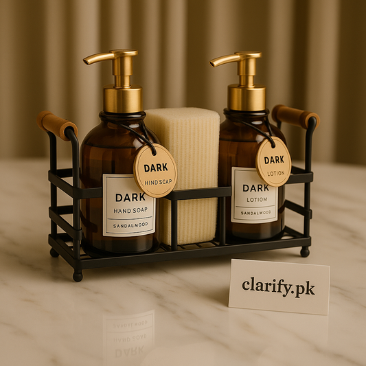 Amber Soap & Lotion Dispenser Set with Gold Caddy – Elegant Refillable Organizer