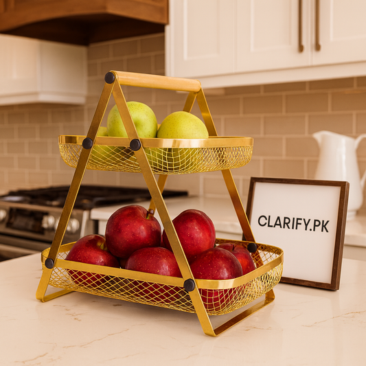 Golden 2 Tier Fruit Basket Stand – Elegant Gold Organizer