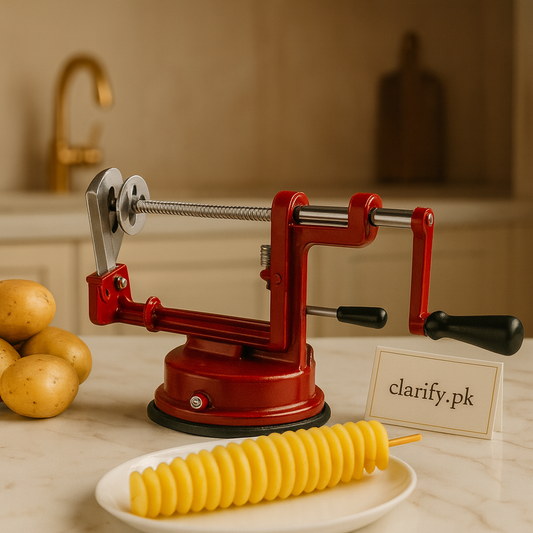 Red suction base spiral potato cutter with crank handle and spiral fries on plate