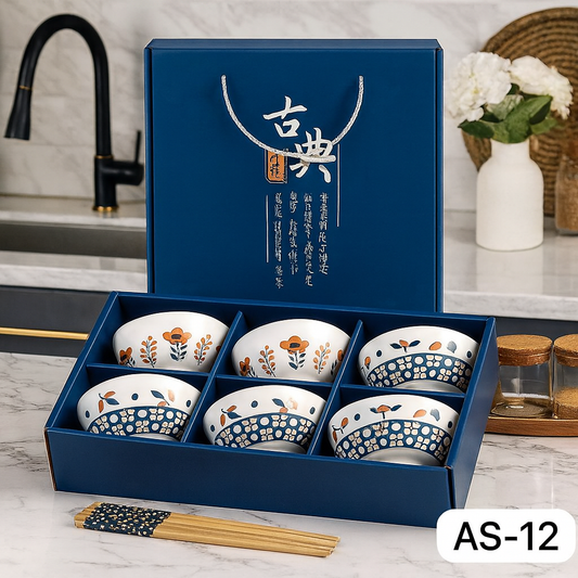 Japanese Ceramic Bowl Set of 6 with Chopsticks – Indigo Floral Print