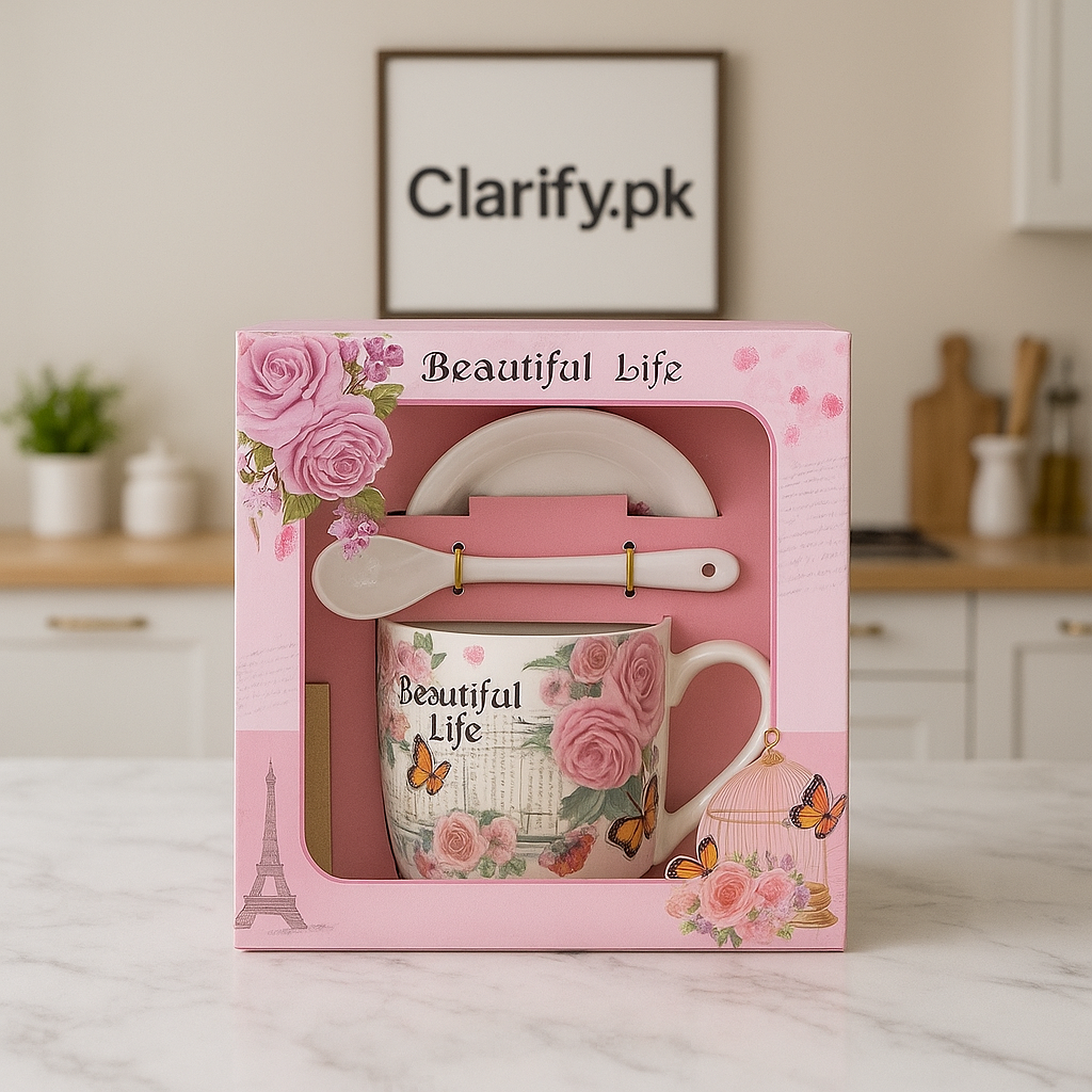 Beautiful Life 3-Piece Ceramic Gift Set – Cup, Saucer & Spoon