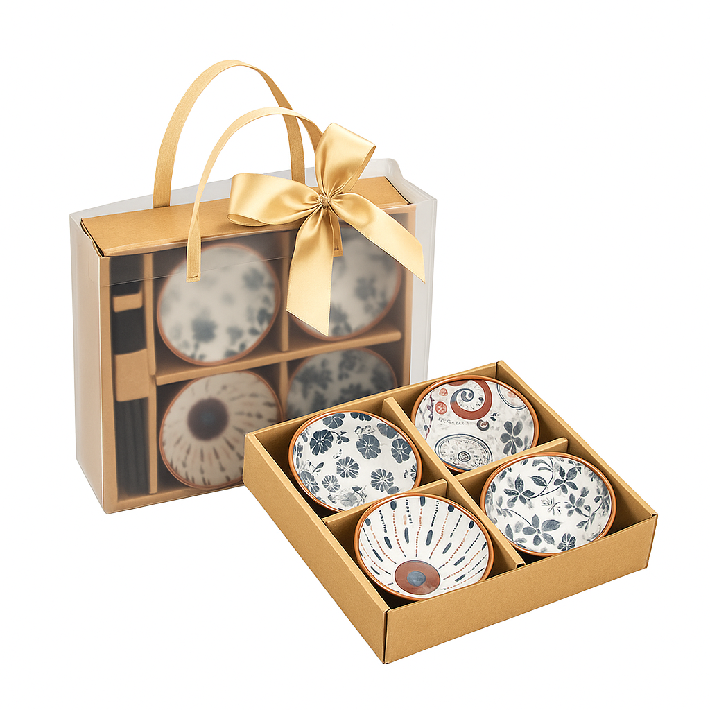 Elegant Japanese Ceramic Bowls with Golden Ribbon Bag – Set of 4