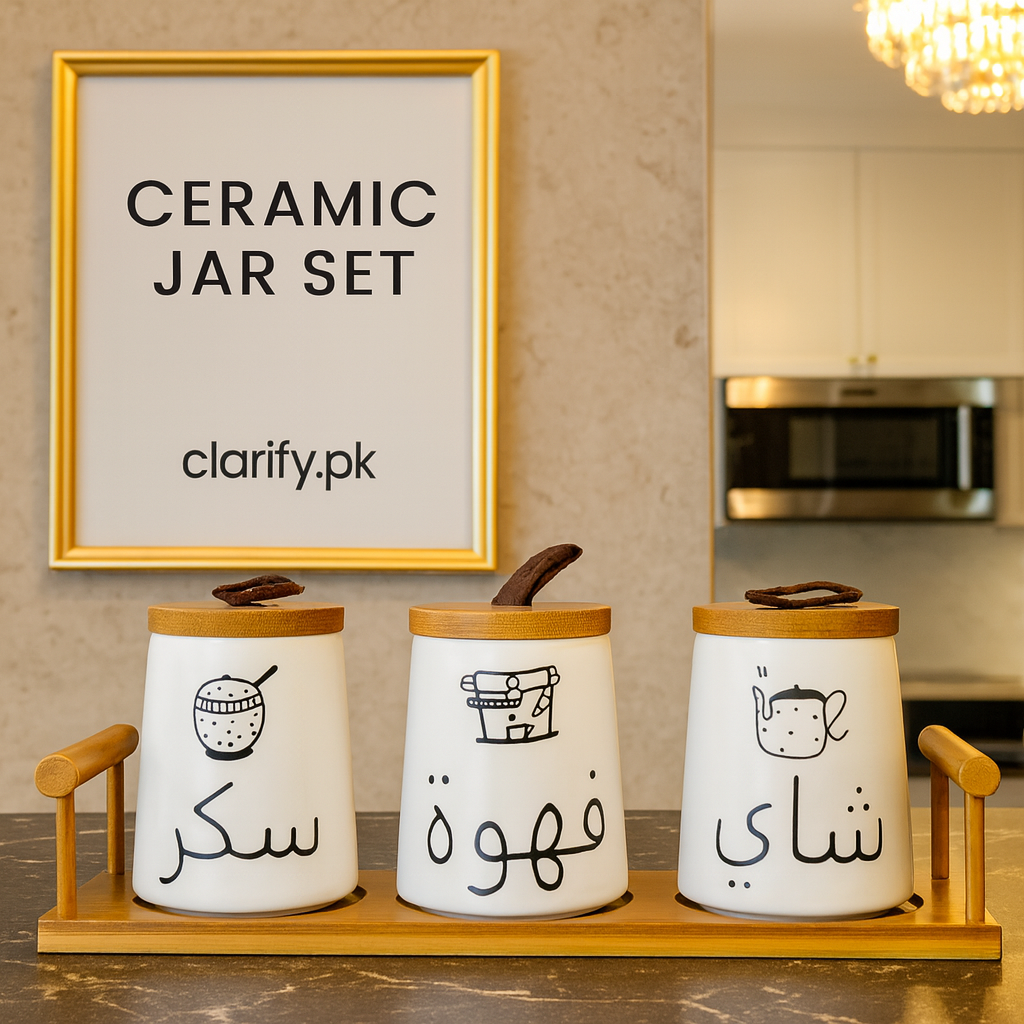 Luxury Arabic Ceramic Jar Set – 3 Pcs with Wooden Lid & Base