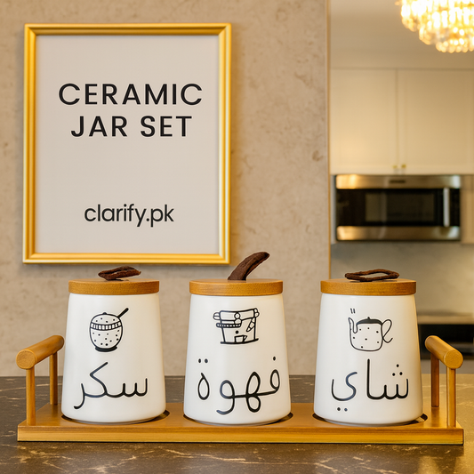 Luxury Arabic Ceramic Jar Set – 3 Pcs with Wooden Lid & Base