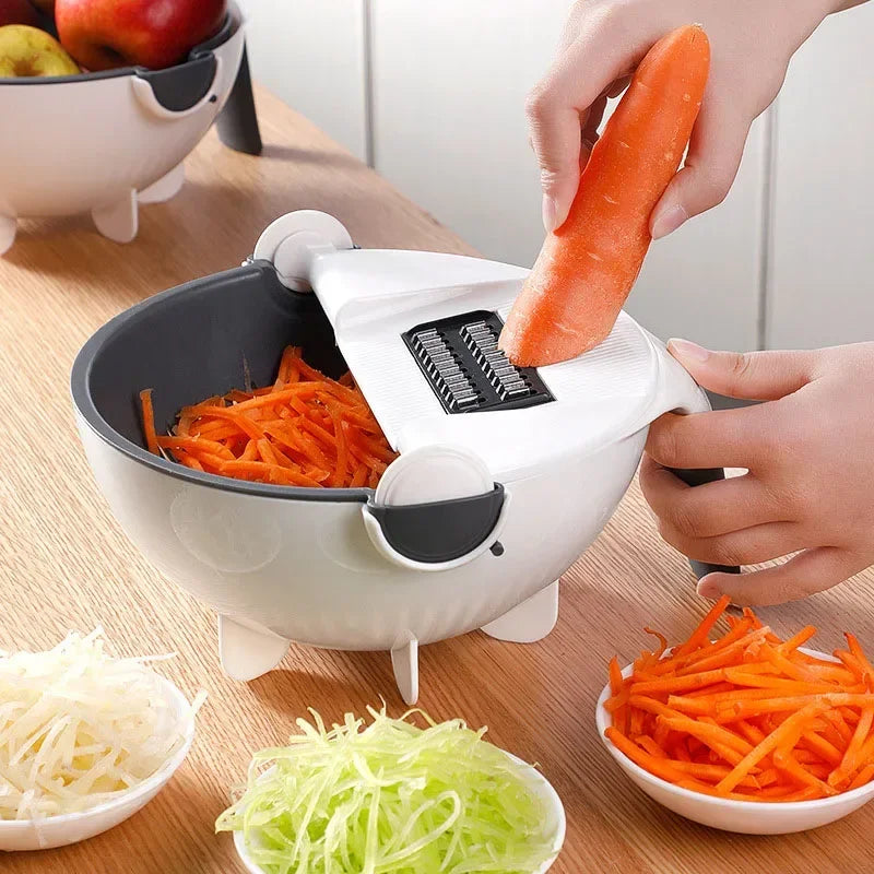 Clarify.pk 2 in 1 kitchen mandoline grater shredding carrot with bowls of grated vegetables