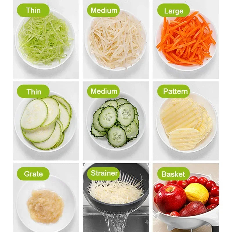 2 in 1 kitchen mandoline grater showing thin, medium, large, pattern slices and various food gratings