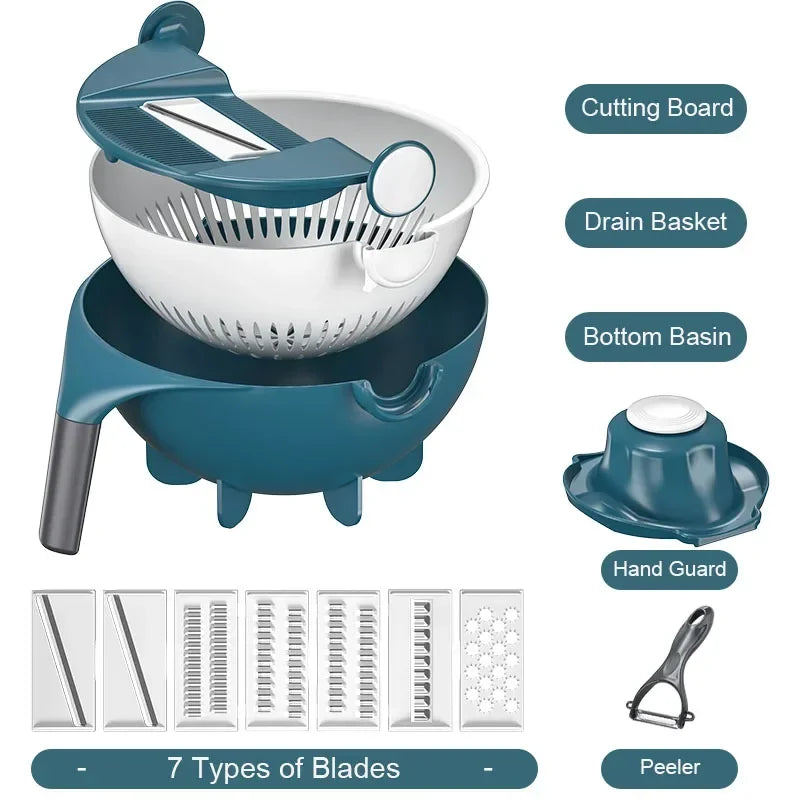 Clarify.pk 2 in 1 kitchen mandoline grater set with cutting board, drain basket, hand guard, and 7 types of blades