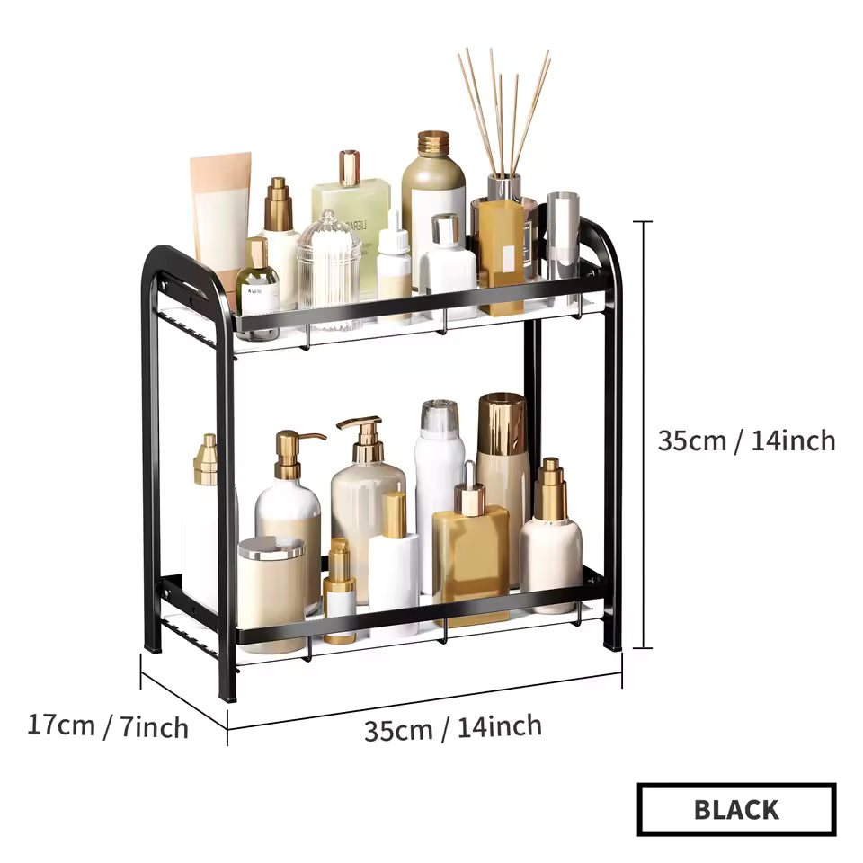 Black 2 tier bathroom counter organizer with multiple skincare and beauty bottles, 35cm by 17cm size