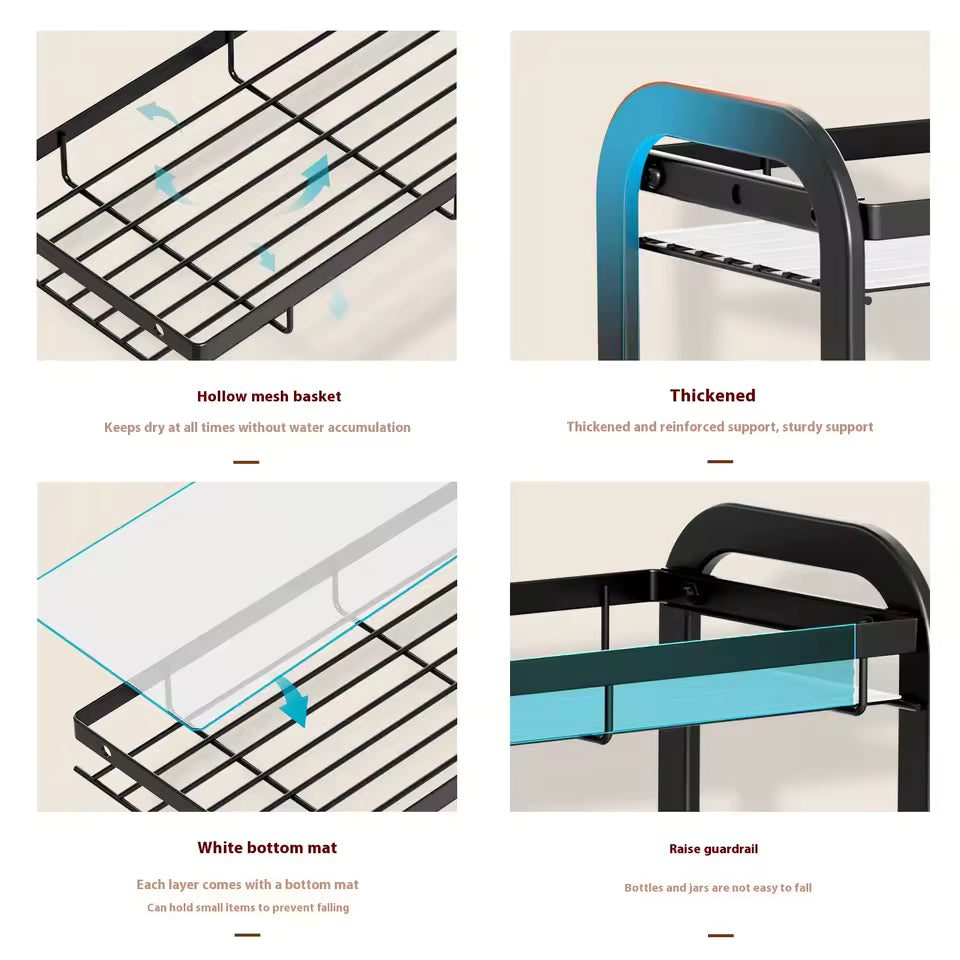 Close-up details of Clarify.pk 2 tier bathroom counter organizer showing hollow mesh basket, thickened support, white bottom mat, and raised guardrail