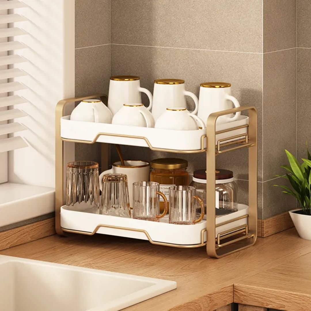 2 - Tier Cup & Mug Drying Rack with Drain Tray – Kitchen Organizer - Clarify.pk