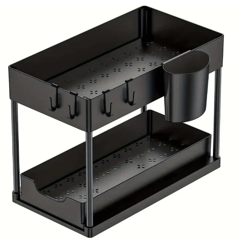 Black metal 2 tier kitchen organizer with hooks and side utensil holder for countertop storage