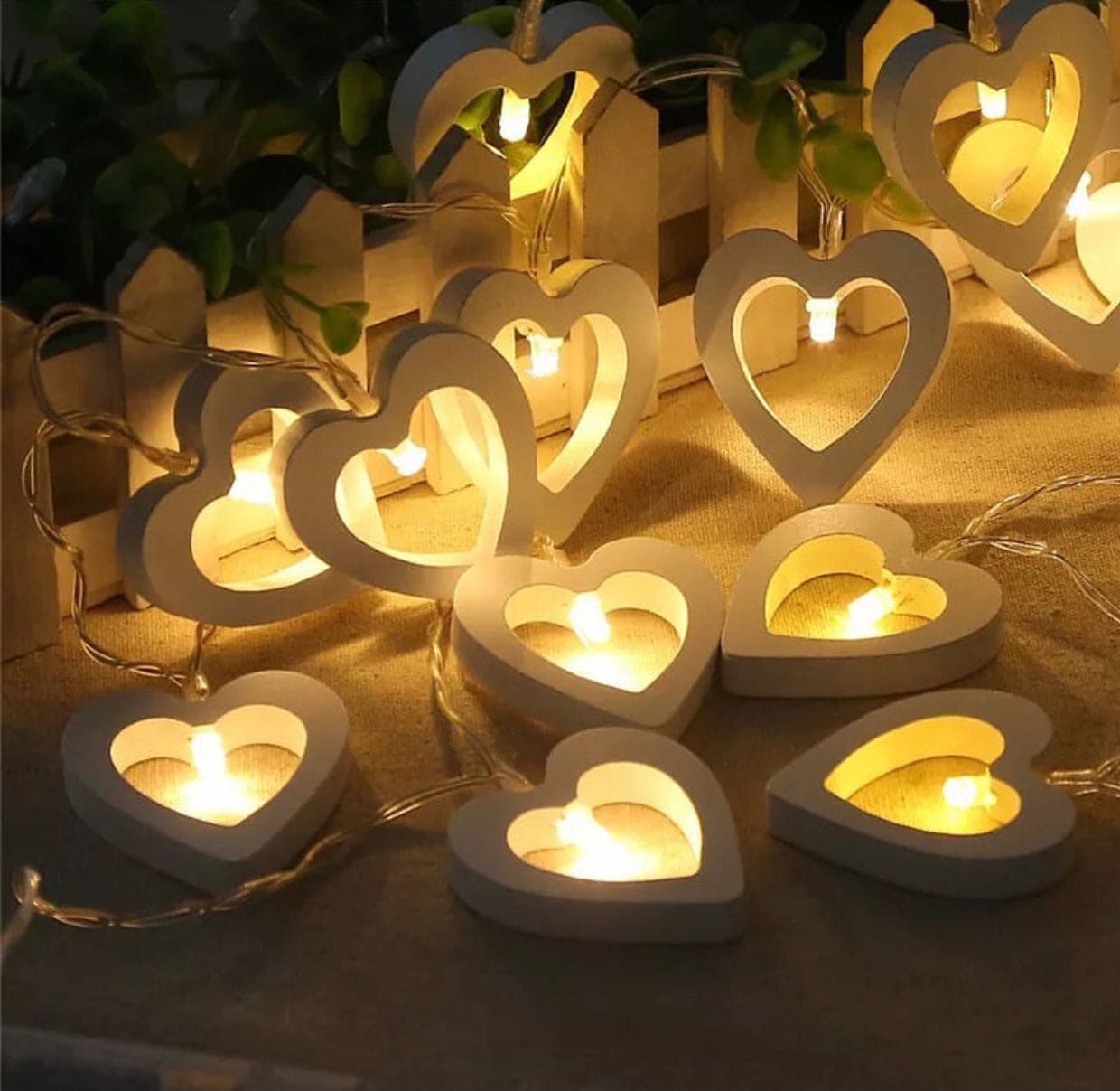 Clarify.pk 20 LED heart night light string with warm white glowing heart-shaped wooden frames